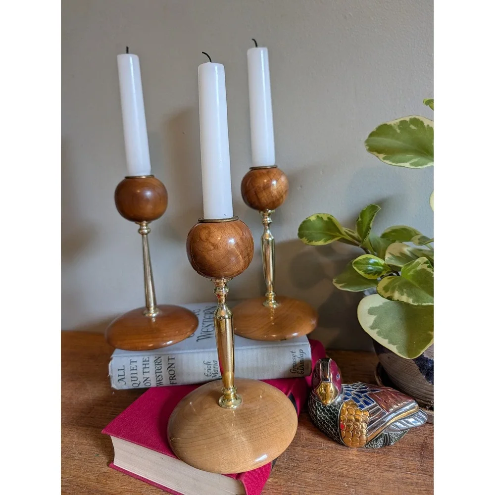Vintage Mid Century Modern Oregon Myrtlewood Candlestick Holders Set of 3 Gold